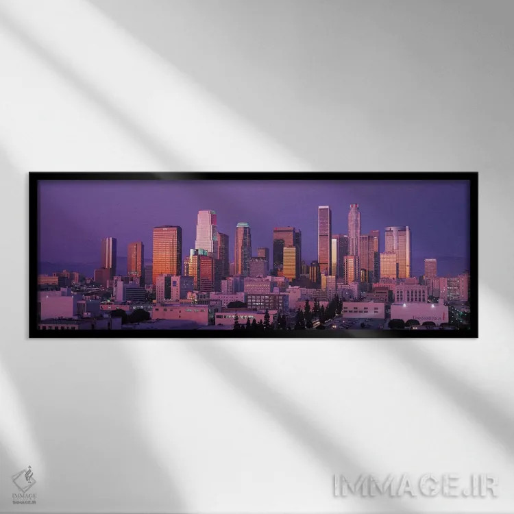 تابلو منظرهٔ گستردهٔ آسماننمای لسآنجلس (غروب) اثر هنرمند ناشناس - نمای قابدار مشکی