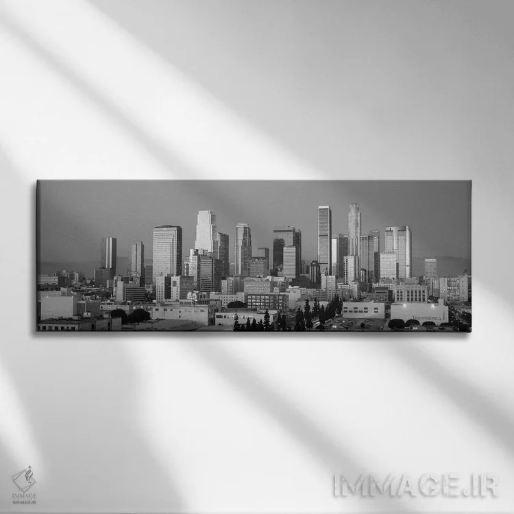تابلو منظرهٔ گستردهٔ آسماننمای لسآنجلس (سیاه و سفید) اثر هنرمند ناشناس - نمای روبهرو روی دیوار
