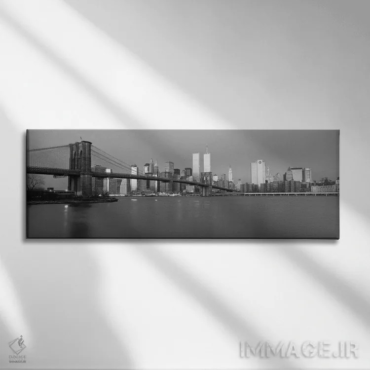 تابلو منظرهٔ گستردهٔ آسماننمای نیویورک (سیاه و سفید) اثر هنرمند ناشناس - نمای روبهرو روی دیوار
