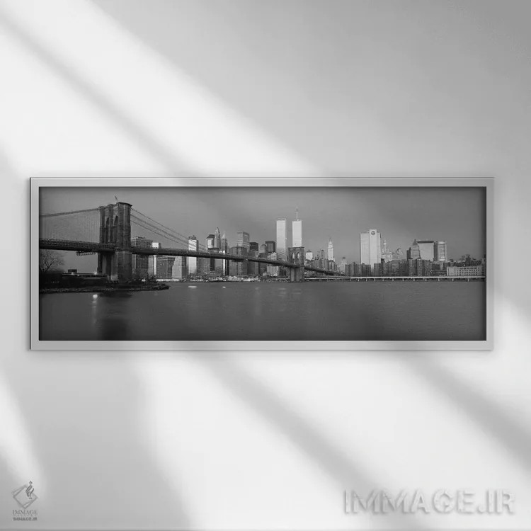 تابلو منظرهٔ گستردهٔ آسماننمای نیویورک (سیاه و سفید) اثر هنرمند ناشناس - نمای قابدار سفید