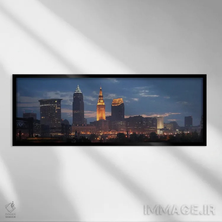 تابلو منظرهٔ گستردهٔ آسماننمای کلیولند (غروب) اثر هنرمند ناشناس - نمای قابدار مشکی