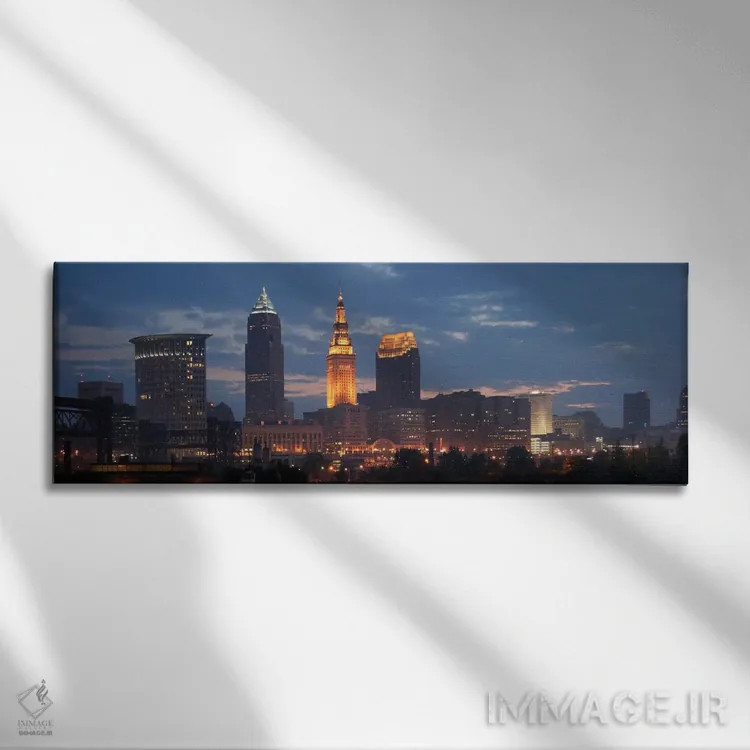 تابلو منظرهٔ گستردهٔ آسماننمای کلیولند (غروب) اثر هنرمند ناشناس - نمای روبهرو روی دیوار