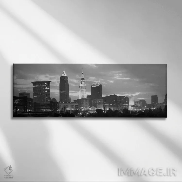 تابلو منظرهٔ گستردهٔ آسماننمای کلیولند (سیاه و سفید) اثر هنرمند ناشناس - نمای روبهرو روی دیوار