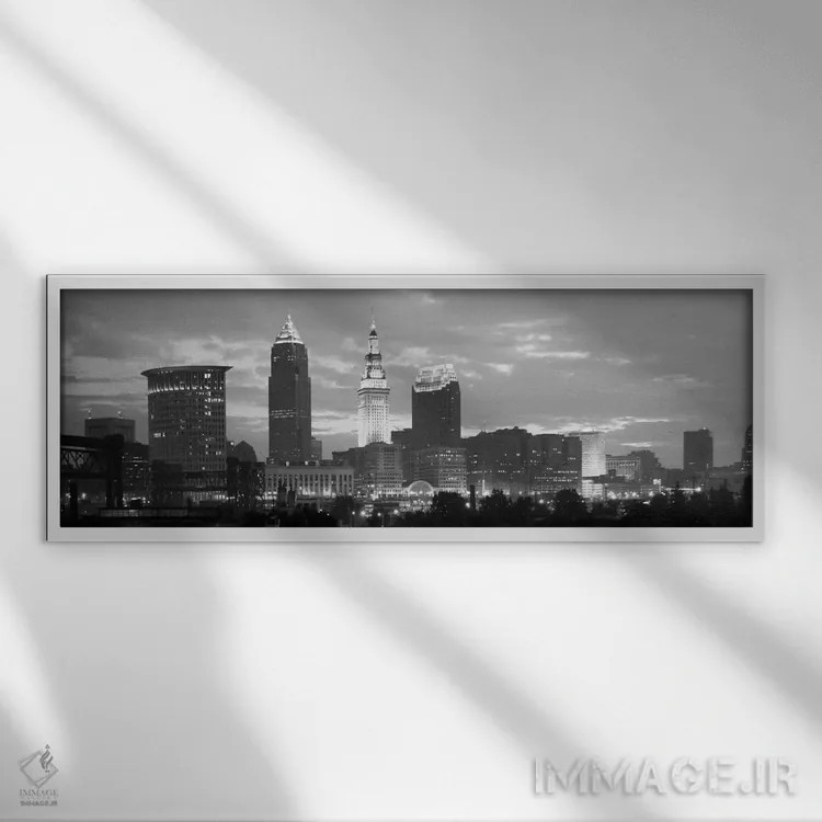 تابلو منظرهٔ گستردهٔ آسماننمای کلیولند (سیاه و سفید) اثر هنرمند ناشناس - نمای قابدار سفید