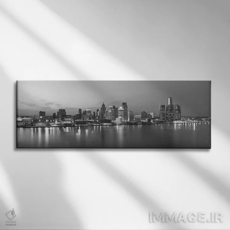 تابلو منظرهٔ گستردهٔ آسماننمای دیترویت (سیاه و سفید) اثر هنرمند ناشناس - نمای روبهرو روی دیوار