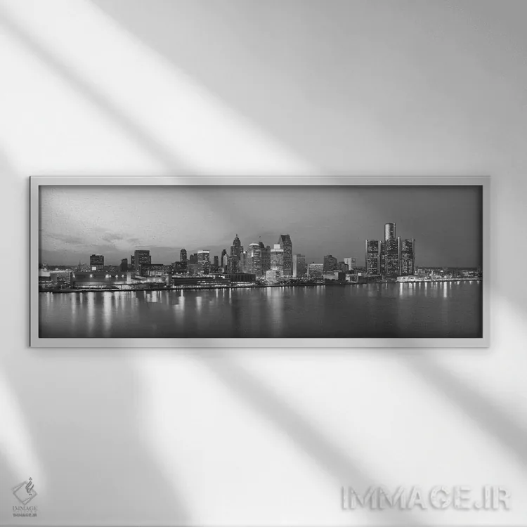 تابلو منظرهٔ گستردهٔ آسماننمای دیترویت (سیاه و سفید) اثر هنرمند ناشناس - نمای قابدار سفید