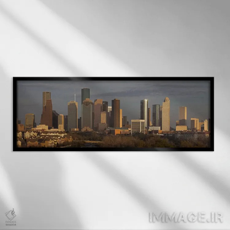 تابلو منظرهٔ گستردهٔ آسماننمای هیوستون (عصر) اثر هنرمند ناشناس - نمای قابدار مشکی