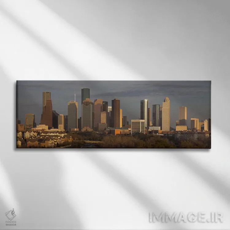 تابلو منظرهٔ گستردهٔ آسماننمای هیوستون (عصر) اثر هنرمند ناشناس - نمای روبهرو روی دیوار