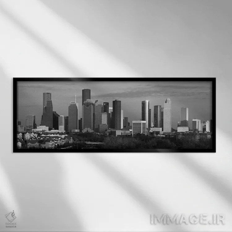 تابلو منظرهٔ گستردهٔ آسماننمای هیوستون (سیاه و سفید) اثر هنرمند ناشناس - نمای قابدار مشکی