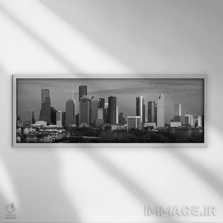 تابلو منظرهٔ گستردهٔ آسماننمای هیوستون (سیاه و سفید) اثر هنرمند ناشناس - نمای قابدار سفید