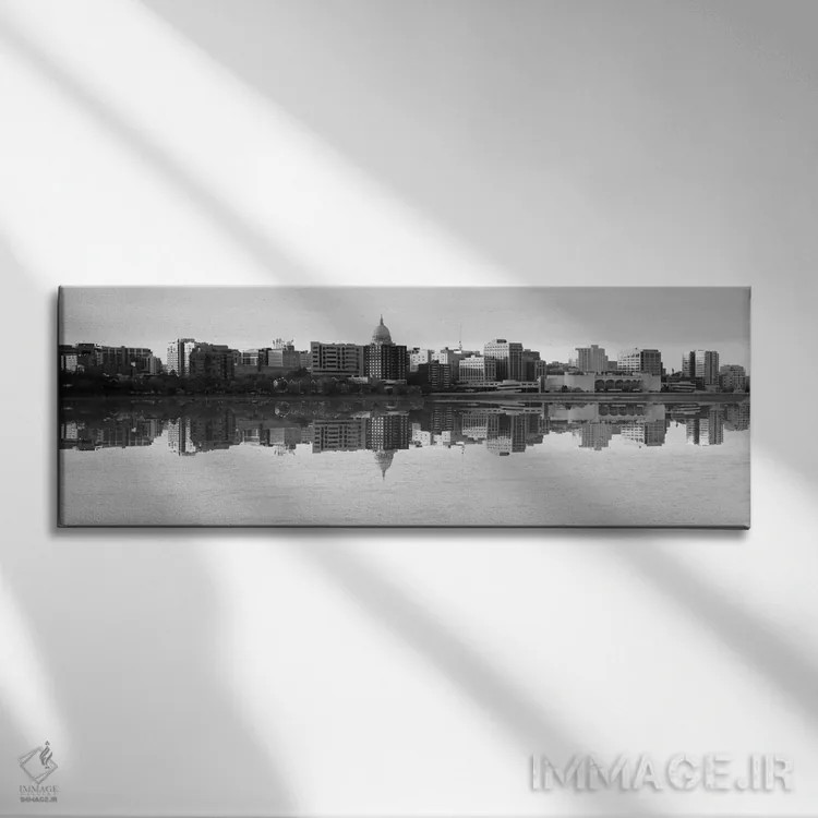 تابلو منظرهٔ گستردهٔ آسماننمای مدیسون (سیاه و سفید) اثر هنرمند ناشناس - نمای روبهرو روی دیوار