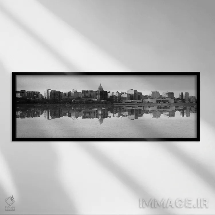 تابلو منظرهٔ گستردهٔ آسماننمای مدیسون (سیاه و سفید) اثر هنرمند ناشناس - نمای قابدار مشکی