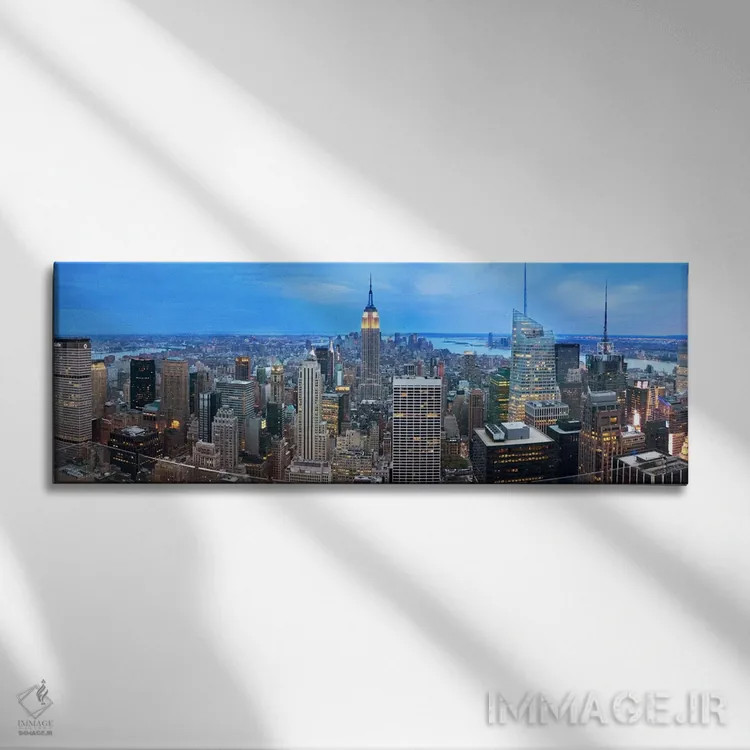 تابلو منظرهٔ گستردهٔ آسماننمای نیویورک (عصر) اثر هنرمند ناشناس - نمای روبهرو روی دیوار