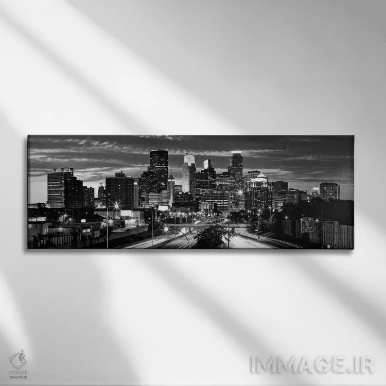 تابلو منظرهٔ گستردهٔ آسماننمای مینیاپولیس (سیاه و سفید) اثر هنرمند ناشناس - نمای روبهرو روی دیوار