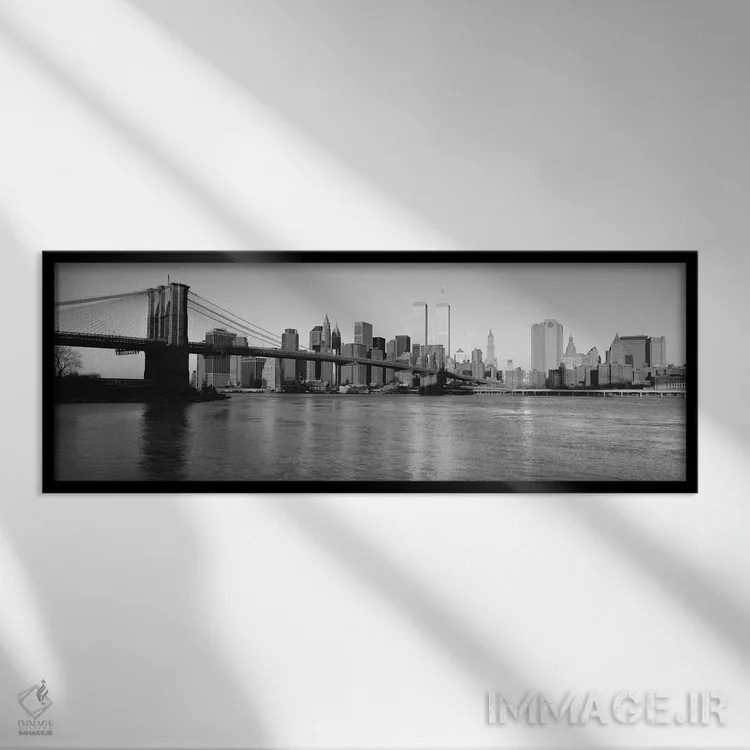 تابلو منظرهٔ گستردهٔ آسماننمای نیویورک (سیاه و سفید) اثر هنرمند ناشناس - نمای قابدار مشکی