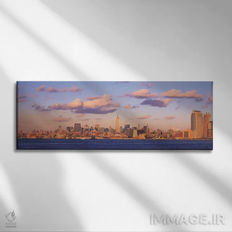 تابلو منظرهٔ گستردهٔ آسماننمای نیویورک (عصر) اثر هنرمند ناشناس - نمای روبهرو روی دیوار