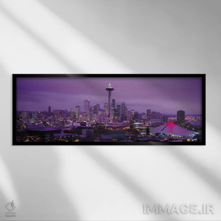 تابلو منظرهٔ گستردهٔ آسماننمای سیاتل (عصر) اثر هنرمند ناشناس - نمای قابدار مشکی