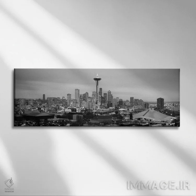 تابلو منظرهٔ گستردهٔ آسماننمای سیاتل (سیاه و سفید) اثر هنرمند ناشناس - نمای روبهرو روی دیوار