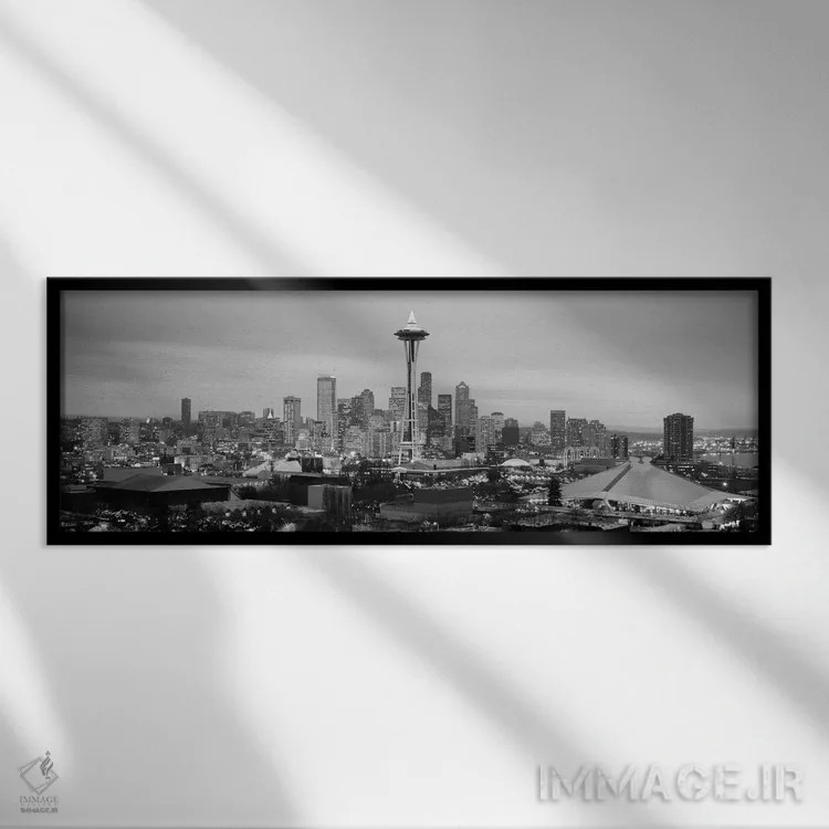 تابلو منظرهٔ گستردهٔ آسماننمای سیاتل (سیاه و سفید) اثر هنرمند ناشناس - نمای قابدار مشکی