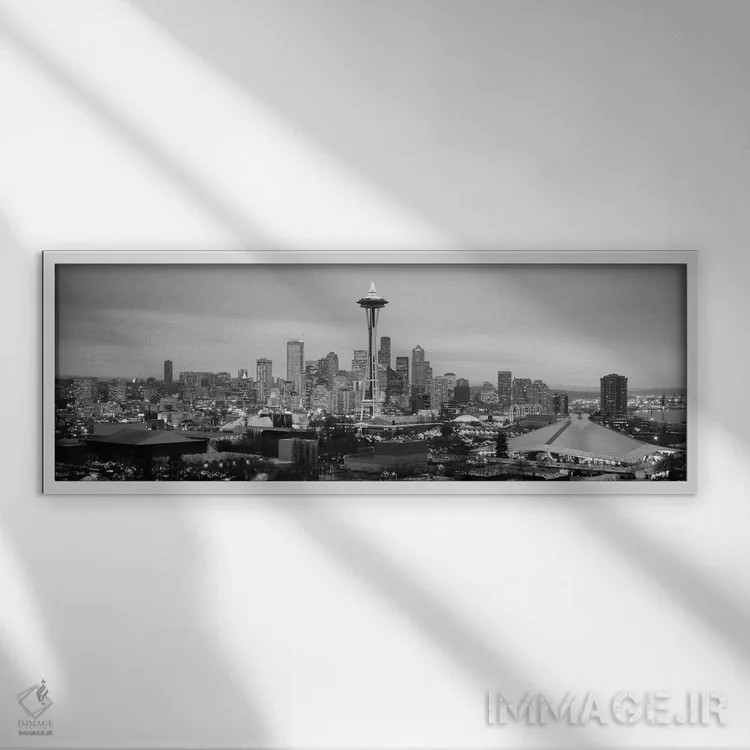 تابلو منظرهٔ گستردهٔ آسماننمای سیاتل (سیاه و سفید) اثر هنرمند ناشناس - نمای قابدار سفید