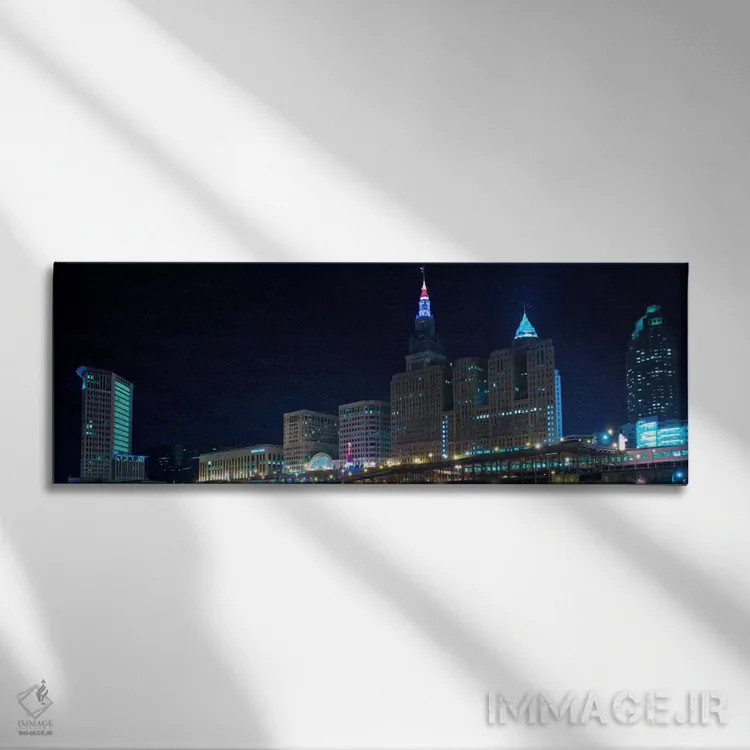 تابلو منظرهٔ گستردهٔ آسماننمای کلیولند (شب) اثر هنرمند ناشناس - نمای روبهرو روی دیوار