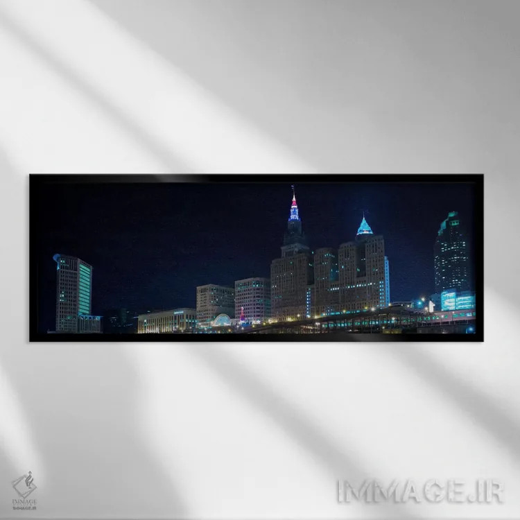 تابلو منظرهٔ گستردهٔ آسماننمای کلیولند (شب) اثر هنرمند ناشناس - نمای قابدار مشکی