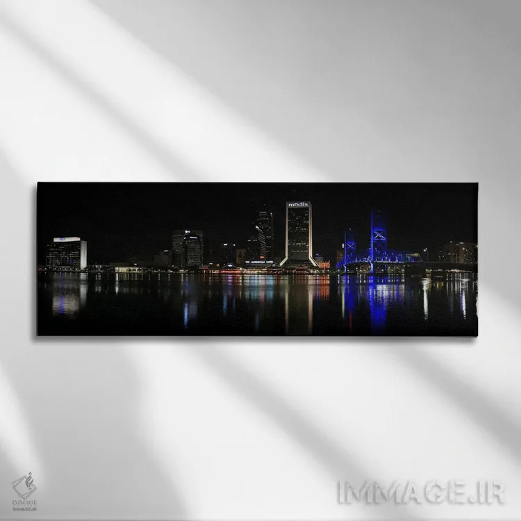 تابلو منظرهٔ گستردهٔ آسماننمای جکسونویل (شب) اثر هنرمند ناشناس - نمای روبهرو روی دیوار