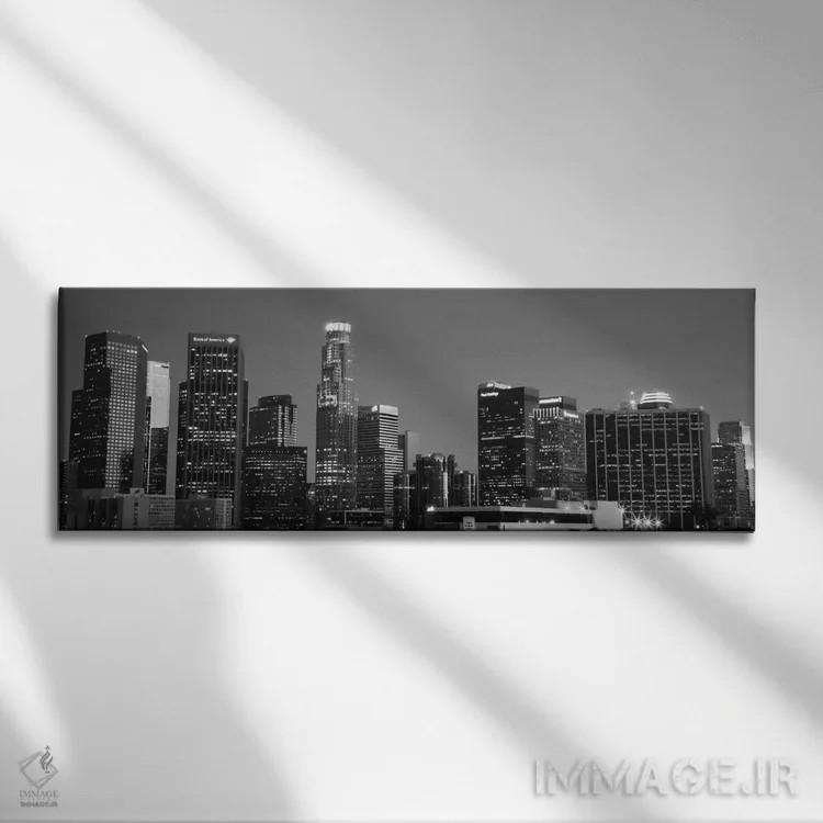 تابلو منظرهٔ گستردهٔ آسماننمای لسآنجلس (سیاه و سفید) اثر هنرمند ناشناس - نمای روبهرو روی دیوار