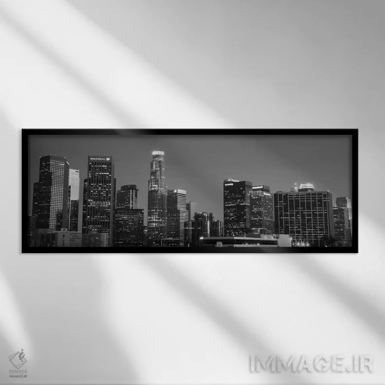 تابلو منظرهٔ گستردهٔ آسماننمای لسآنجلس (سیاه و سفید) اثر هنرمند ناشناس - نمای قابدار مشکی