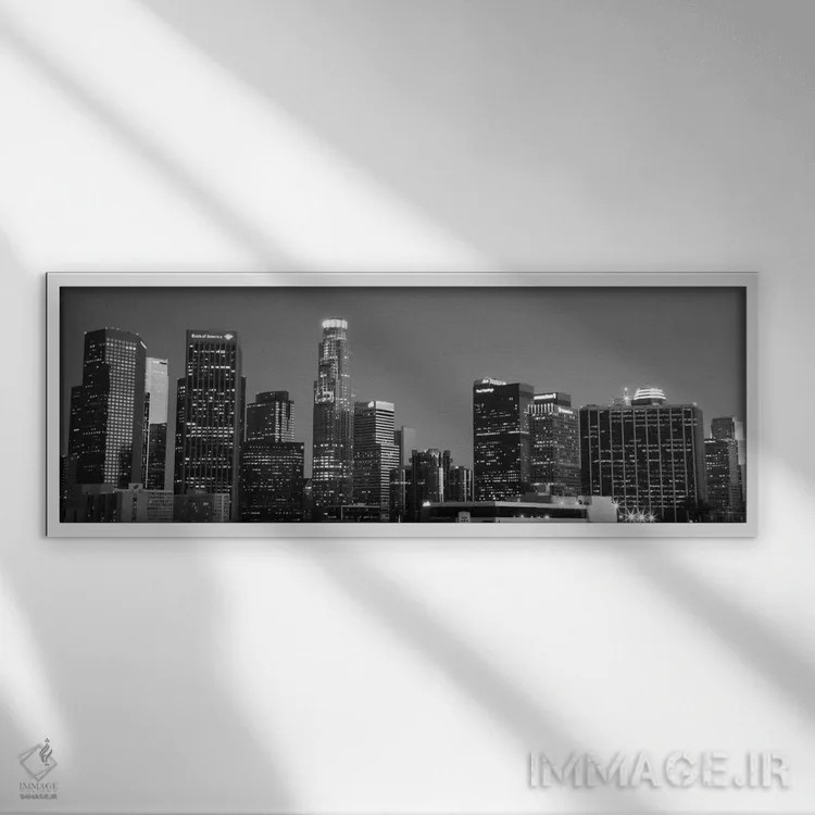 تابلو منظرهٔ گستردهٔ آسماننمای لسآنجلس (سیاه و سفید) اثر هنرمند ناشناس - نمای قابدار سفید