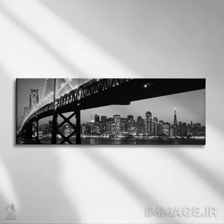 تابلو منظرهٔ گستردهٔ آسماننمای سانفرانسیسکو (سیاه و سفید) اثر هنرمند ناشناس - نمای روبهرو روی دیوار