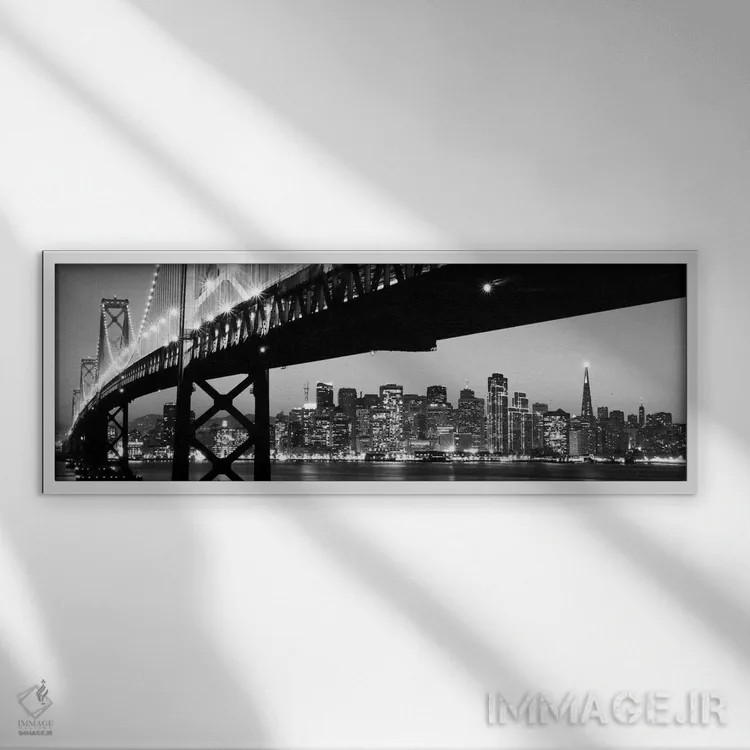 تابلو منظرهٔ گستردهٔ آسماننمای سانفرانسیسکو (سیاه و سفید) اثر هنرمند ناشناس - نمای قابدار سفید