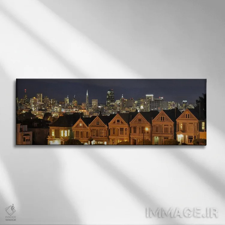 تابلو منظرهٔ گستردهٔ آسماننمای سانفرانسیسکو (شب) اثر هنرمند ناشناس - نمای روبهرو روی دیوار