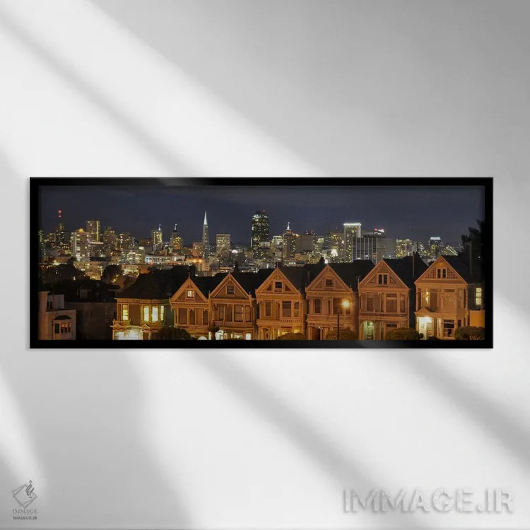 تابلو منظرهٔ گستردهٔ آسماننمای سانفرانسیسکو (شب) اثر هنرمند ناشناس - نمای قابدار مشکی