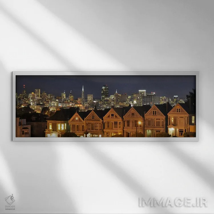 تابلو منظرهٔ گستردهٔ آسماننمای سانفرانسیسکو (شب) اثر هنرمند ناشناس - نمای قابدار سفید