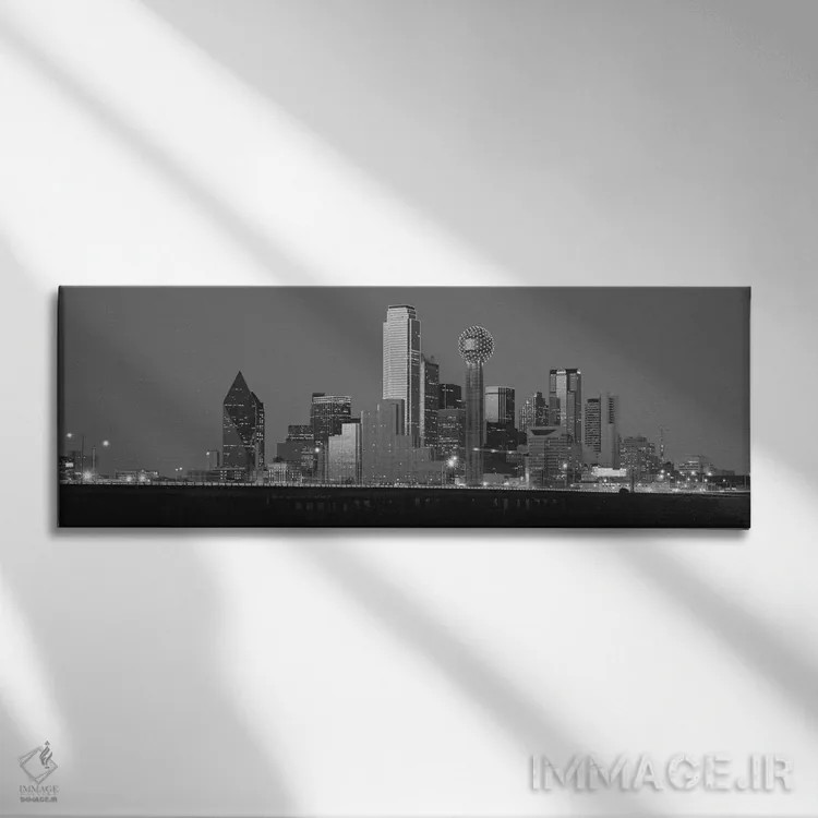 تابلو منظرهٔ گستردهٔ آسماننمای دالاس (سیاه و سفید) اثر هنرمند ناشناس - نمای روبهرو روی دیوار