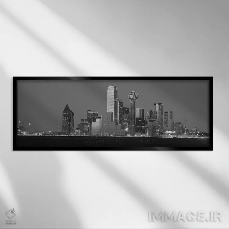 تابلو منظرهٔ گستردهٔ آسماننمای دالاس (سیاه و سفید) اثر هنرمند ناشناس - نمای قابدار مشکی
