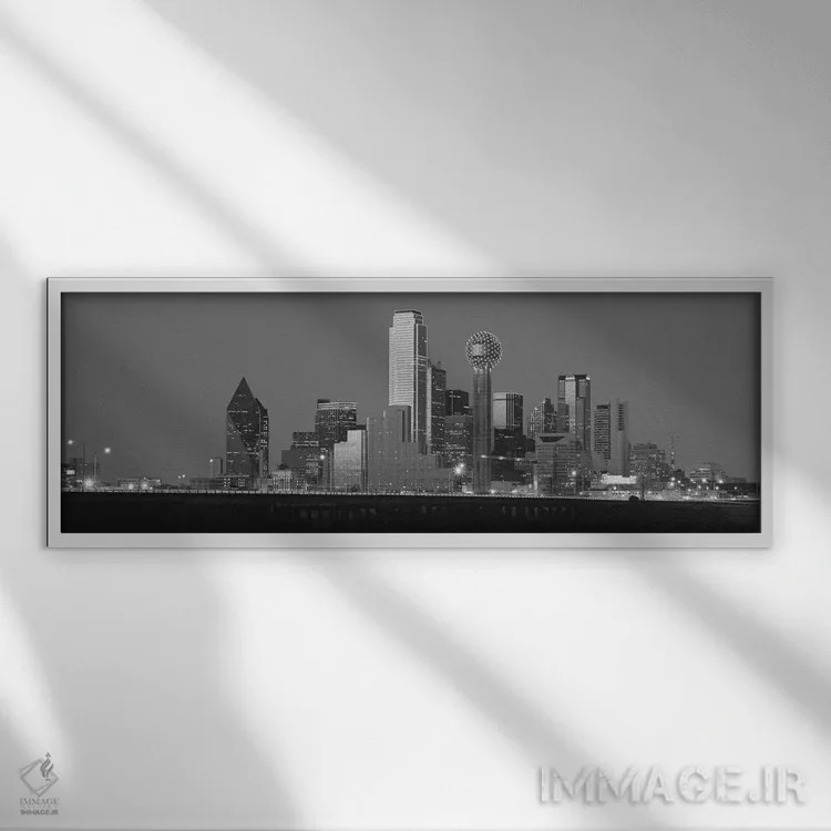 تابلو منظرهٔ گستردهٔ آسماننمای دالاس (سیاه و سفید) اثر هنرمند ناشناس - نمای قابدار سفید