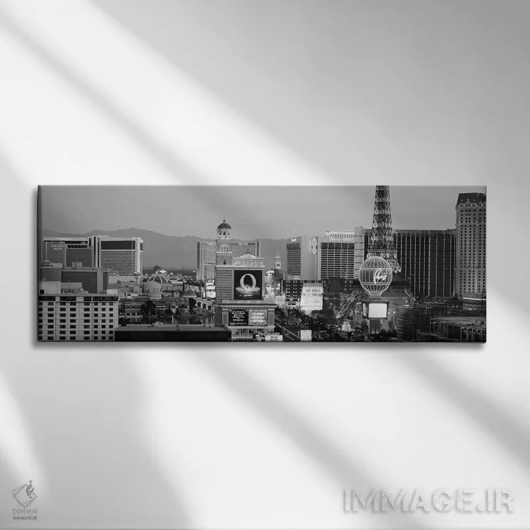 تابلو منظرهٔ گستردهٔ آسماننمای لاسوگاس (سیاه و سفید) اثر هنرمند ناشناس - نمای روبهرو روی دیوار