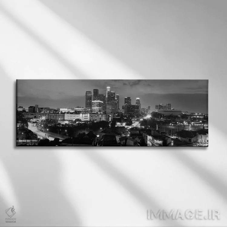 تابلو منظرهٔ گستردهٔ آسماننمای لسآنجلس (سیاه و سفید) اثر هنرمند ناشناس - نمای روبهرو روی دیوار