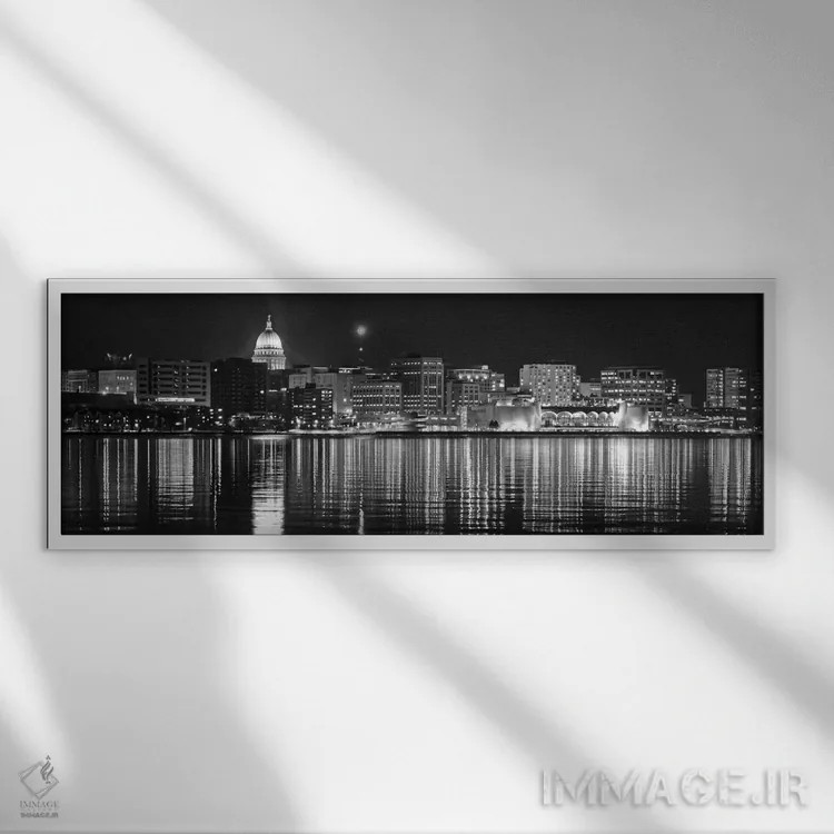 تابلو منظرهٔ گستردهٔ آسماننمای مدیسون (سیاه و سفید) اثر هنرمند ناشناس - نمای قابدار سفید