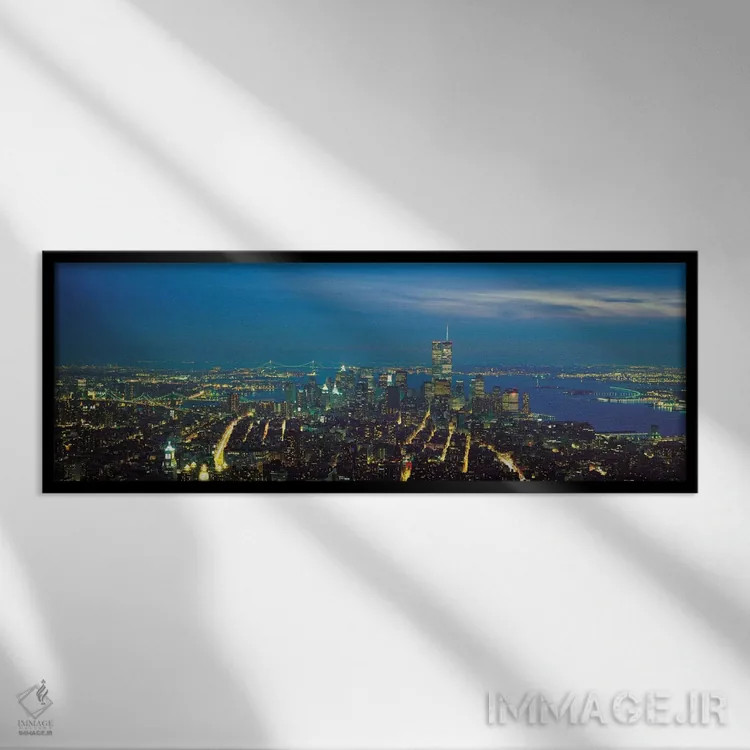 تابلو منظرهٔ گستردهٔ آسماننمای نیویورک (شب) اثر هنرمند ناشناس - نمای قابدار مشکی