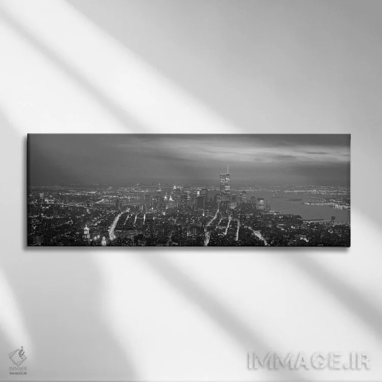 تابلو منظرهٔ گستردهٔ آسماننمای نیویورک (سیاه و سفید) اثر هنرمند ناشناس - نمای روبهرو روی دیوار