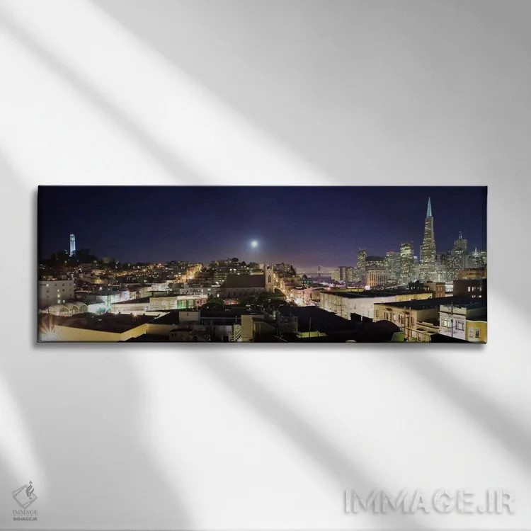 تابلو منظرهٔ گستردهٔ آسماننمای سانفرانسیسکو (شب) اثر هنرمند ناشناس - نمای روبهرو روی دیوار