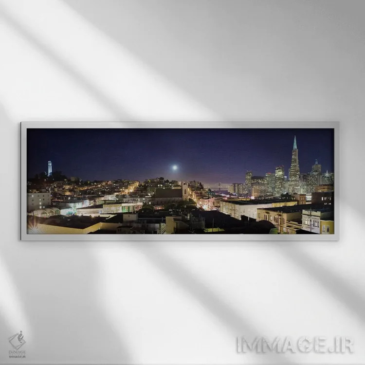 تابلو منظرهٔ گستردهٔ آسماننمای سانفرانسیسکو (شب) اثر هنرمند ناشناس - نمای قابدار سفید