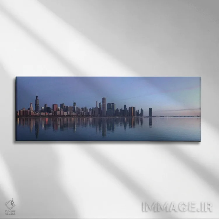 تابلو منظرهٔ گستردهٔ آسماننمای شیکاگو (طلوع) اثر هنرمند ناشناس - نمای روبهرو روی دیوار