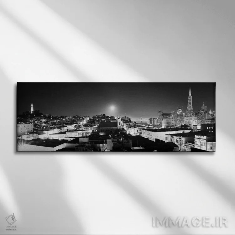تابلو منظرهٔ گستردهٔ آسماننمای سانفرانسیسکو (سیاه و سفید) اثر هنرمند ناشناس - نمای روبهرو روی دیوار