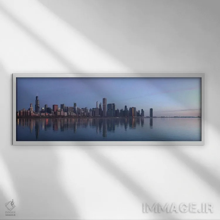 تابلو منظرهٔ گستردهٔ آسماننمای شیکاگو (طلوع) اثر هنرمند ناشناس - نمای قابدار سفید