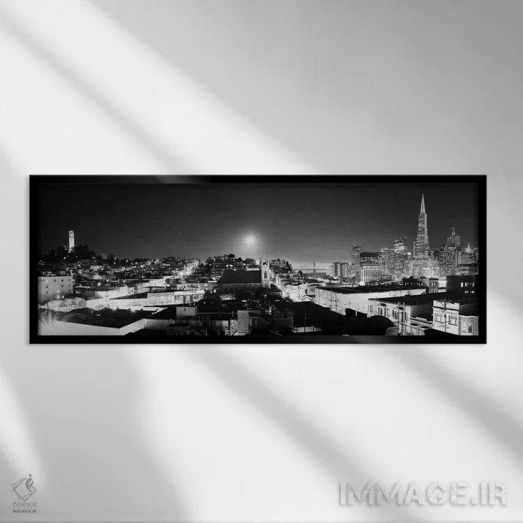 تابلو منظرهٔ گستردهٔ آسماننمای سانفرانسیسکو (سیاه و سفید) اثر هنرمند ناشناس - نمای قابدار مشکی