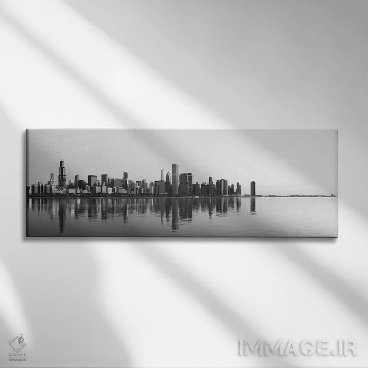تابلو منظرهٔ گستردهٔ آسماننمای شیکاگو (سیاه و سفید) اثر هنرمند ناشناس - نمای روبهرو روی دیوار